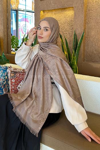 Lamelif Etnik Retro Desen Kaşmir Çift Taraflı Şal Kahverengi
