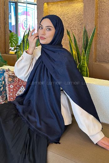 Lamelif Etnik Retro Desen Kaşmir Çift Taraflı Şal Lacivert