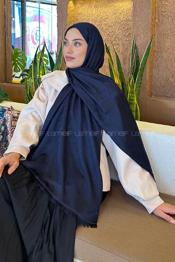 Lamelif Etnik Retro Desen Kaşmir Çift Taraflı Şal Lacivert