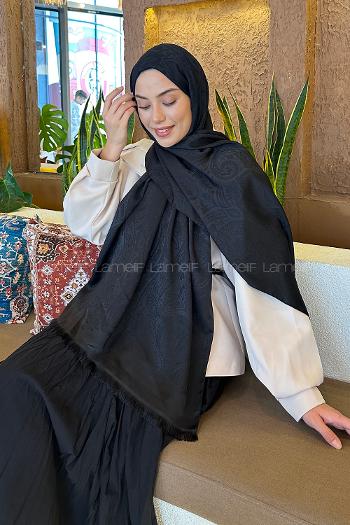 Lamelif Etnik Retro Desen Kaşmir Çift Taraflı Şal Siyah