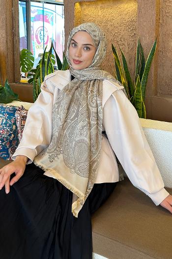 Lamelif Etnik Retro Desen Kaşmir Çift Taraflı Şal Soft Kahve Bej