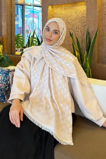 Lamelif G Desen Kaşmir Çift Taraflı Şal Vizon