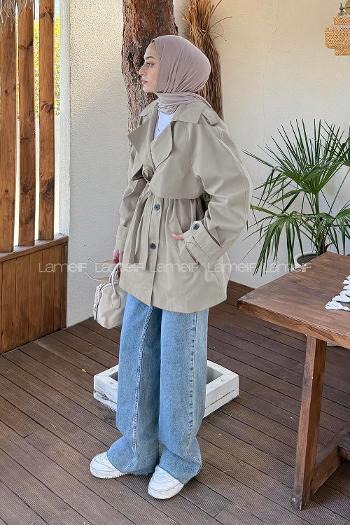 Khaki Long Arm Buttoned Cotton Fabric Trench Coat
