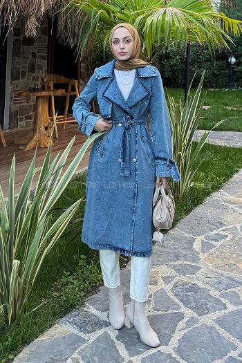 Lamelif Denim Kuşaklı Trenç Mavi