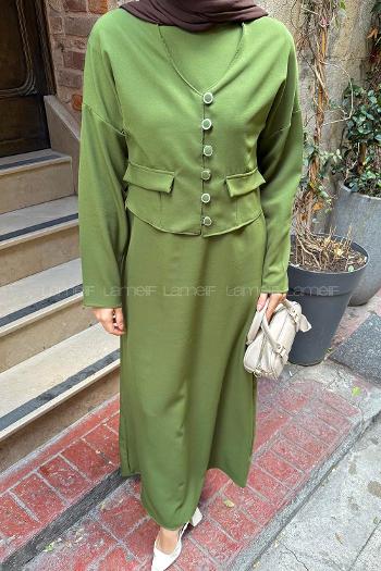 Lamelif Düğme Detaylı Jileli Takım Kına Yeşili