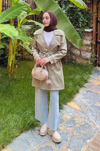 Lamelif Kol Kemerli Kısa Trençkot Haki