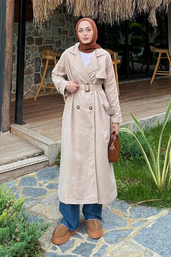 Beige Long Arm Belted Cotton Trench Coat