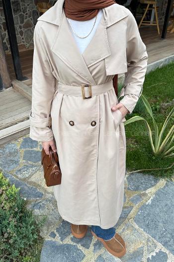 Beige Long Arm Belted Cotton Trench Coat