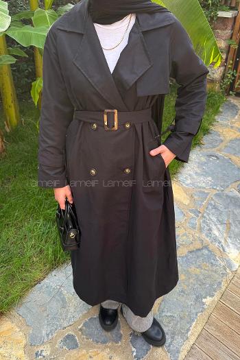 Black Long Arm Belted Cotton Trench Coat