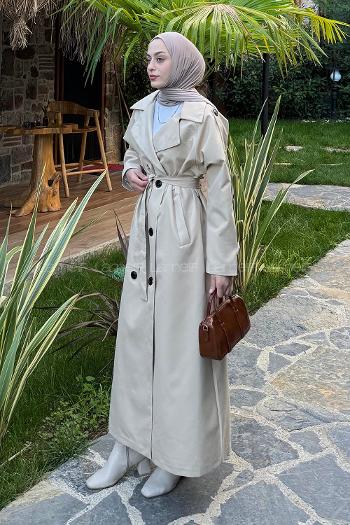 Beige Long Arm Belted Cotton Trench Coat