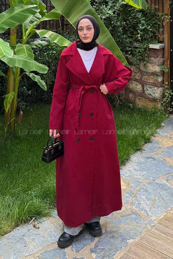 Claret Red Long Arm Belted Cotton Trench Coat