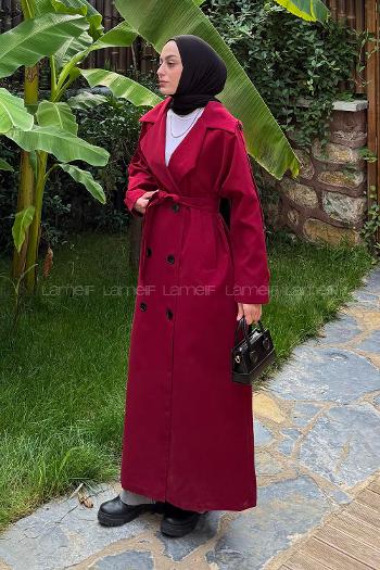 Claret Red Long Arm Belted Cotton Trench Coat