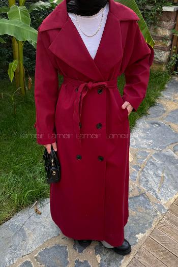 Claret Red Long Arm Belted Cotton Trench Coat