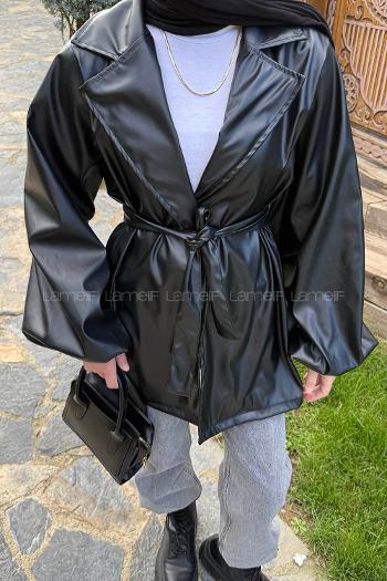 Lamelif Bağlama Detaylı Deri Mont Siyah