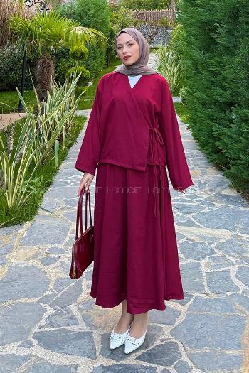 Claret Red V Neck Long Arm Cotton Flare Suit