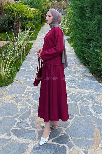 Claret Red V Neck Long Arm Cotton Flare Suit
