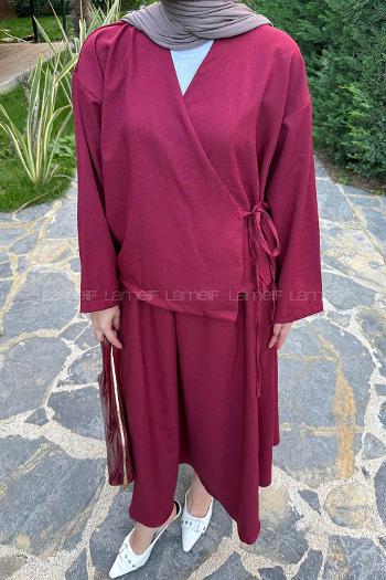 Claret Red V Neck Long Arm Cotton Flare Suit