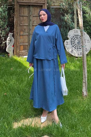 Indigo V Neck Long Arm Cotton Flare Suit
