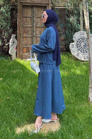 Indigo V Neck Long Arm Cotton Flare Suit