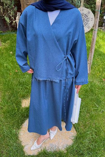 Indigo V Neck Long Arm Cotton Flare Suit