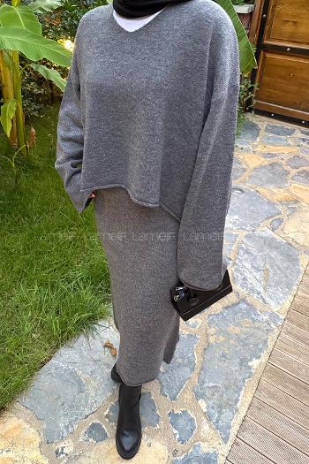 Anthracite V Neck Long Arm Acrylic Polyester Straight Skirt Suit