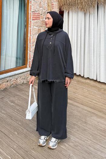 Lamelif Kapüşonlu Roba Detaylı Takım Antrasit