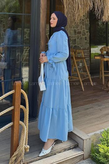 Lamelif Kol Bağlama Detaylı Tesettür Elbise Bebe Mavisi