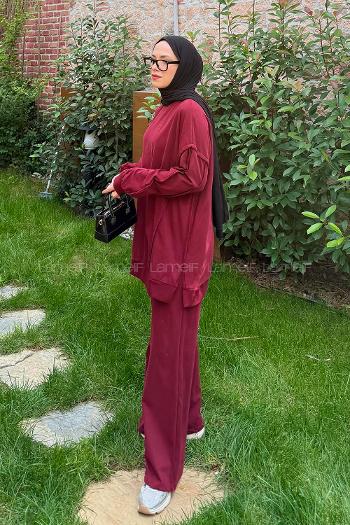 Lamelif Kol Detaylı İkili Takım Bordo