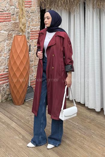 Claret Red Long Arm Buttoned Polyester Trench Coat