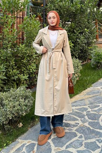 Lamelif Kuşaklı Deri Trençkot Taş Rengi