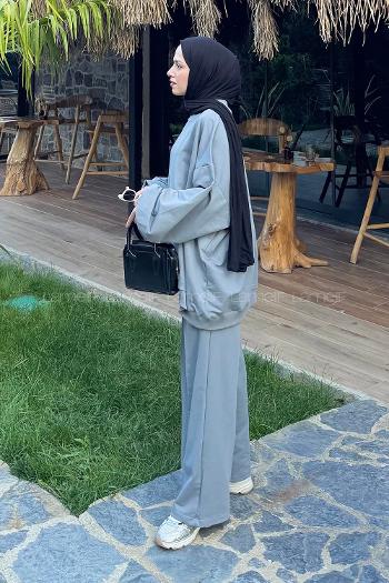 Lamelif Oversize Sweatshirt İkili Tesettür Takım Gri