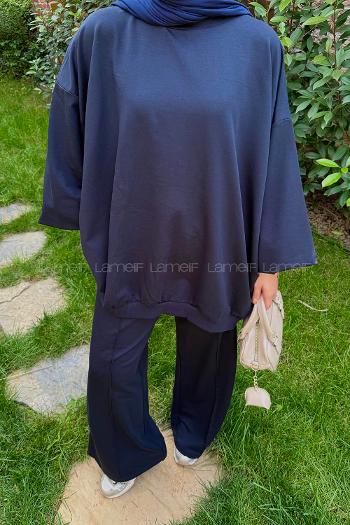 Lamelif Oversize Sweatshirt İkili Tesettür Takım Koyu Lacivert
