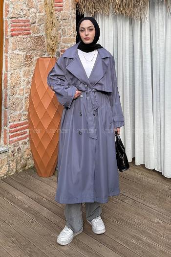 Lamelif Uzun Apoletli Oversize Trenç Antrasit