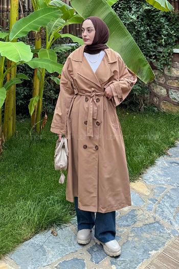 Lamelif Uzun Apoletli Oversize Trenç Camel