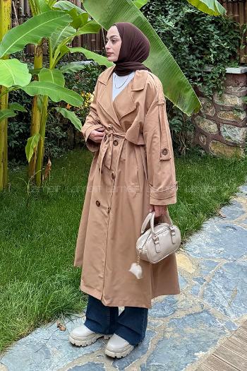 Lamelif Uzun Apoletli Oversize Trenç Camel