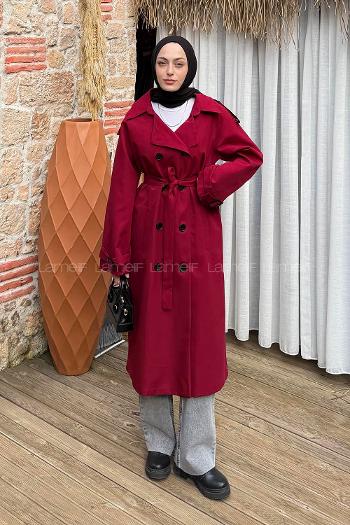 Claret Red Reglan Sleeveless Arm Without Accessories Poplin Fabric Trench Coat