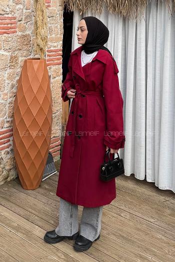 Claret Red Reglan Sleeveless Arm Without Accessories Poplin Fabric Trench Coat