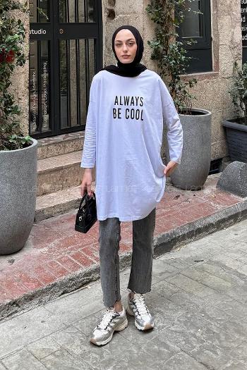 Lamelif Always Be Cool Baskılı Sweat Beyaz