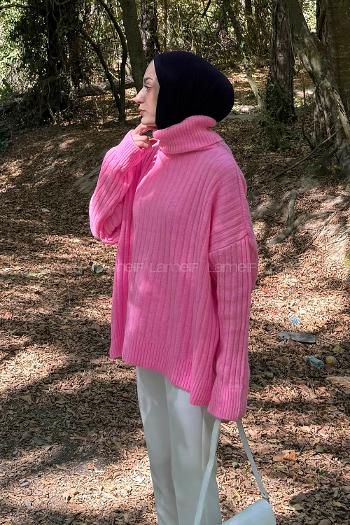 Lamelif Balıkçı Yaka Kazak Pembe