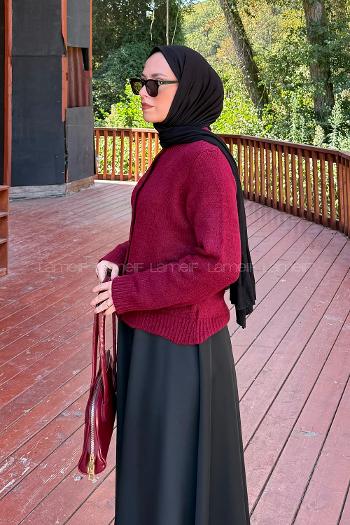 Claret Red Crew Neck Long Arm Acrylic Polyester Cardigan