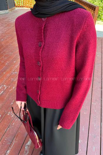 Claret Red Crew Neck Long Arm Acrylic Polyester Cardigan