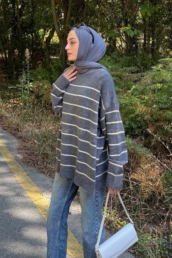 Lamelif Çizgili Triko Kazak Antrasit