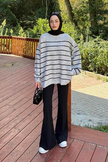 Lamelif Çizgili Triko Kazak Gri