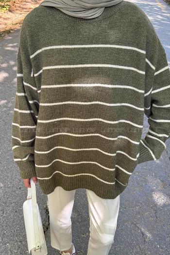 Lamelif Çizgili Triko Kazak Haki