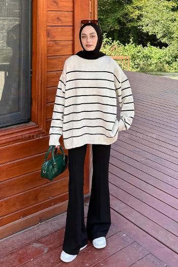 Lamelif Çizgili Triko Kazak Naturel