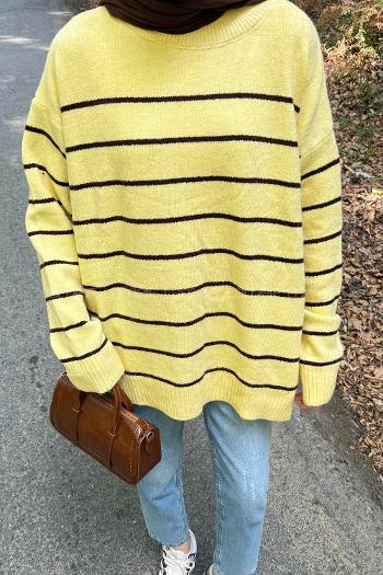 Lamelif Çizgili Triko Kazak Sarı
