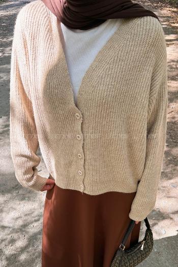 Beige V Neck Long Arm Elastan Polyester Cardigan