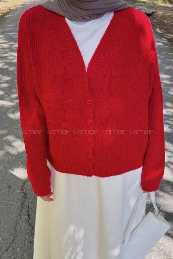 Lamelif Crop V Yaka Hırka Nar Çiçeği