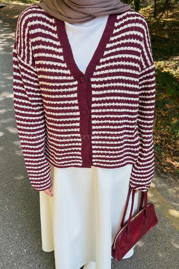 Lamelif İnce Çizgili Triko Hırka Bordo