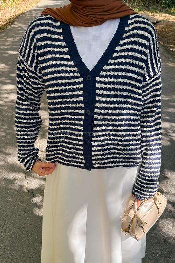 Lamelif İnce Çizgili Triko Hırka Lacivert